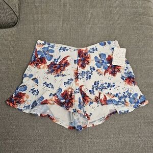 Free People Fiona Floral Blue Red Cream Boho Lined Ruffle Shorts Size 2
